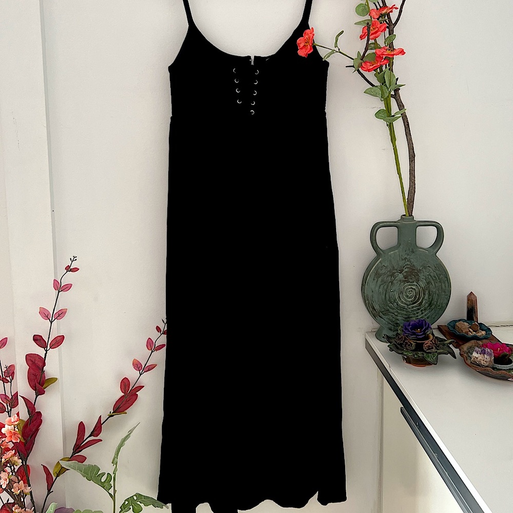 Zara black flowy midi dress with tie corset front